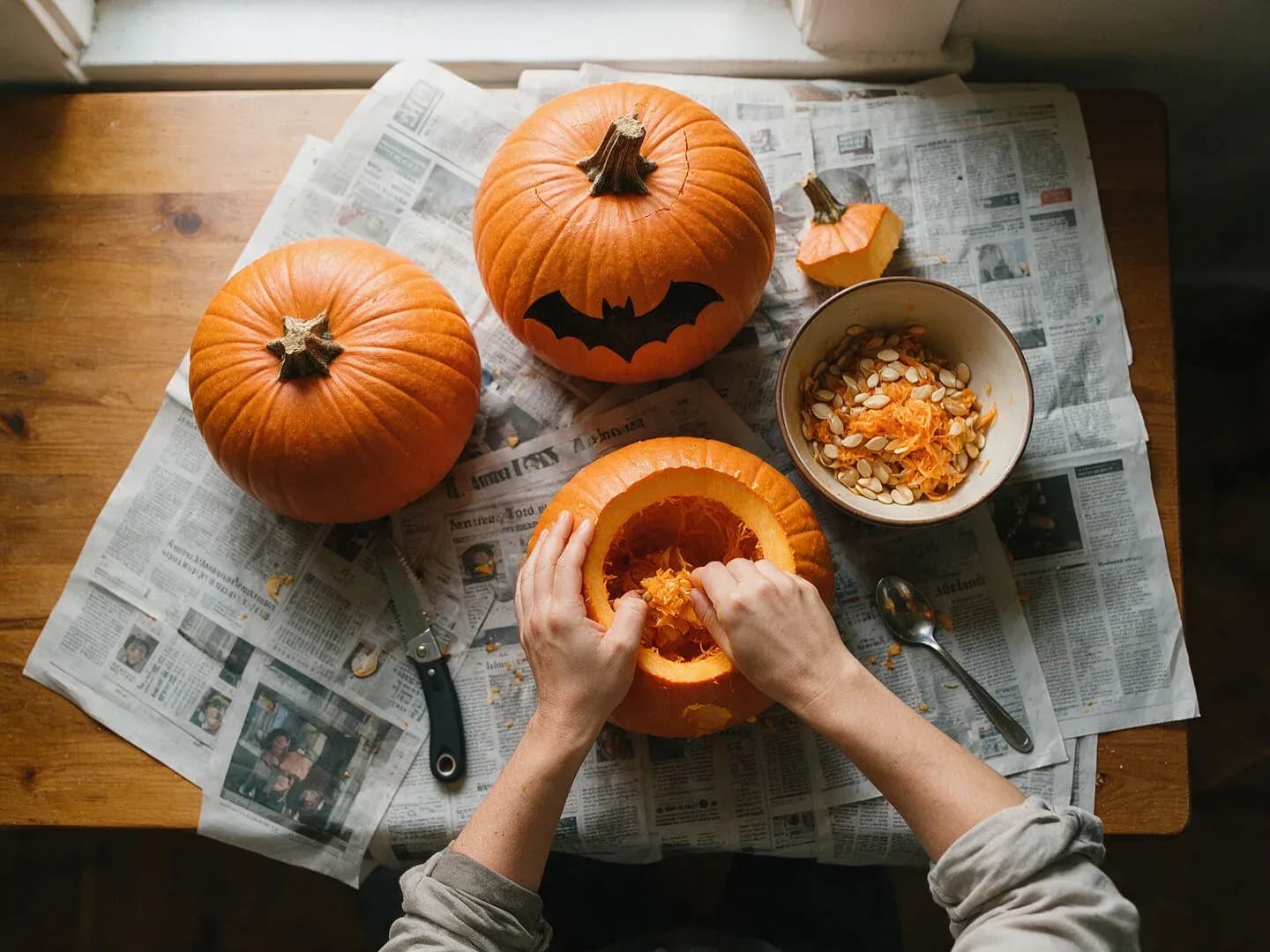 Overhead view of a newspaper-covered table with pumpkins at three carving stages, generated with Seedream 5.0 Pro
