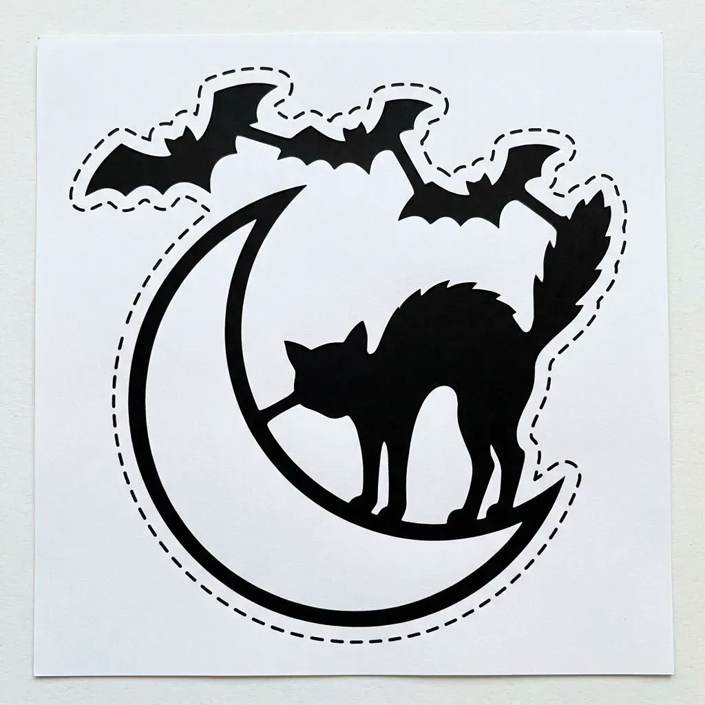 Printable black and white pumpkin carving stencil of a cat on a crescent moon with bats, generated with Nano Banana 2