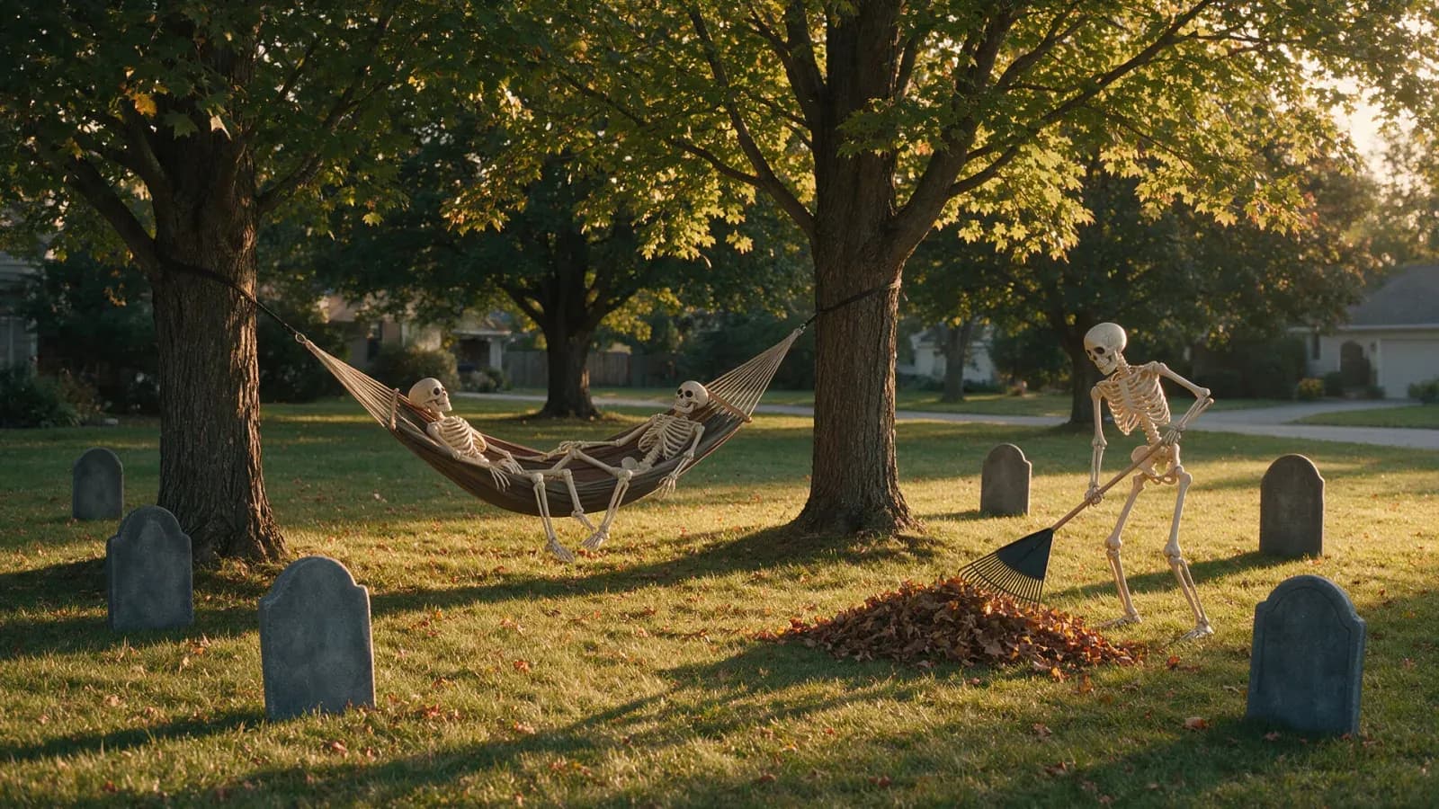 Suburban front lawn with plastic skeletons in a hammock and one raking leaves, generated with Seedream 5.0 Pro