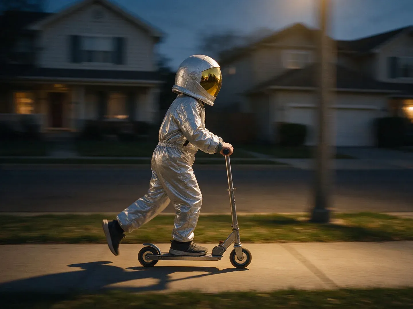 Child in a homemade astronaut costume with a mirrored visor riding a scooter at dusk, generated with Seedream 5.0 Pro