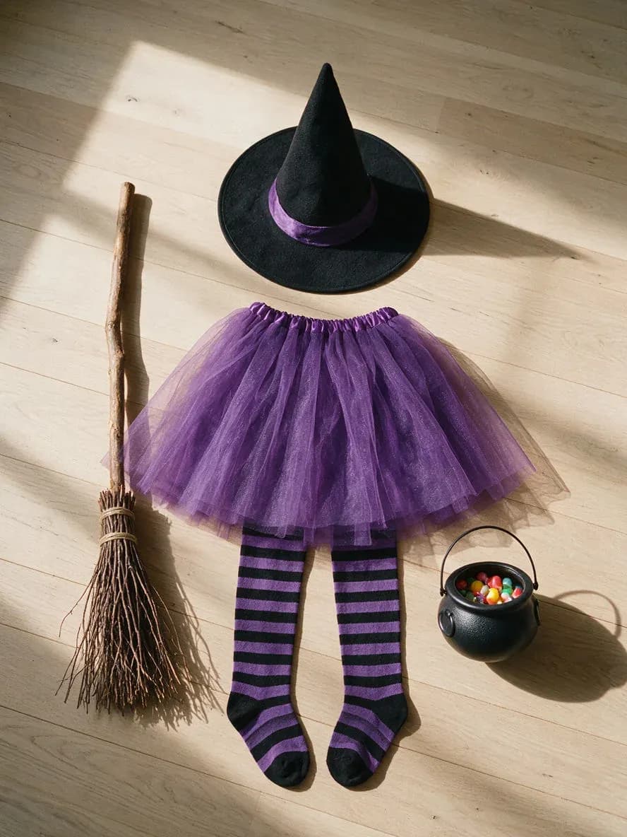 Top-down flat-lay of a homemade witch costume with hat, tulle skirt, broom and cauldron pail, generated with Seedream 5.0 Pro