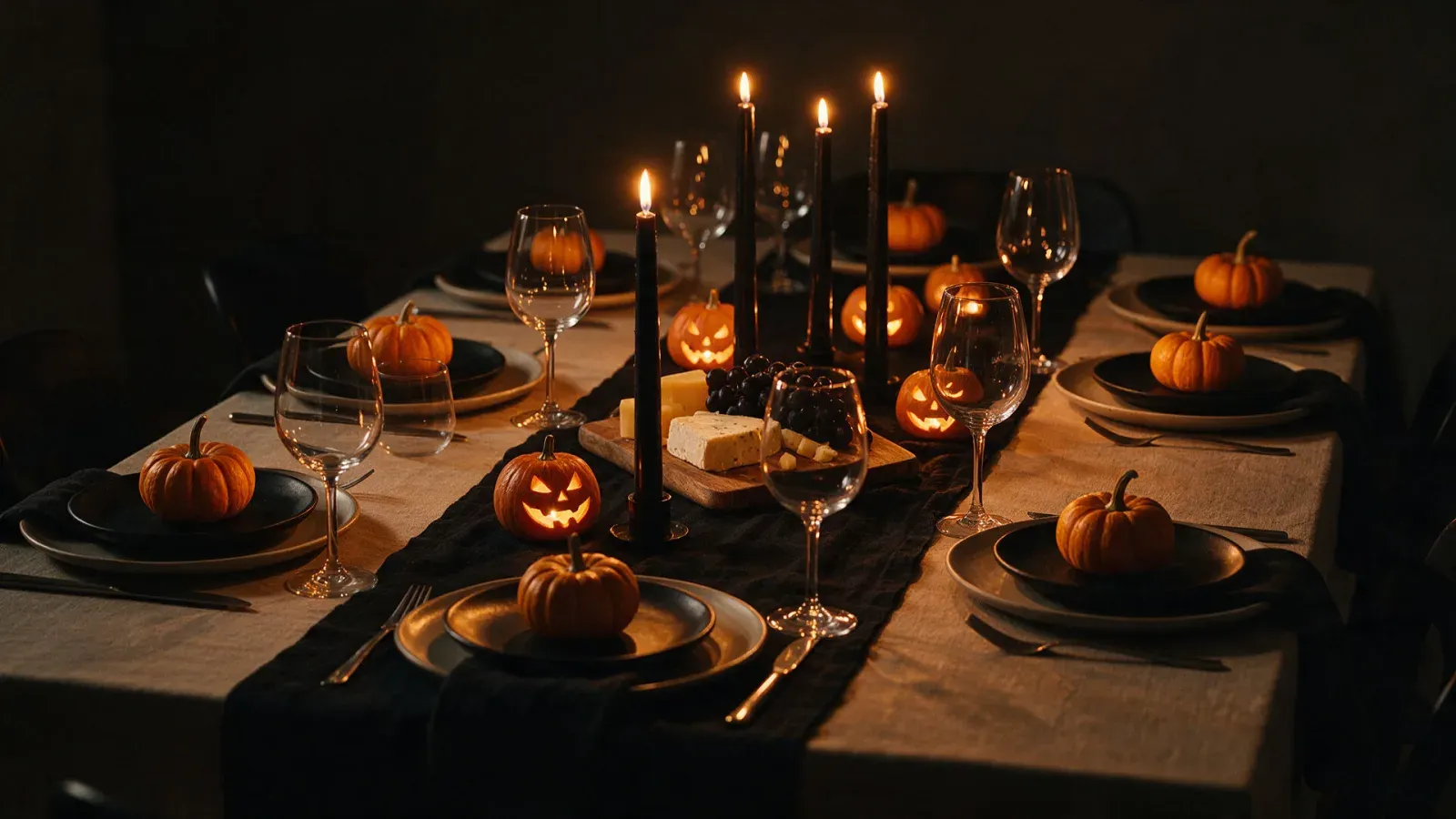 Halloween dinner party table lit by black taper candles and small jack-o'-lanterns, generated with Seedream 5.0 Pro