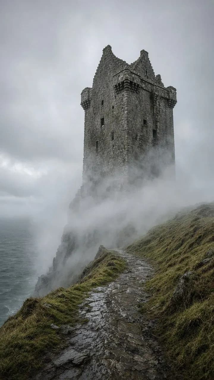 Tall ruined Scottish stone tower house on a grassy headland with sea mist around its base, generated with Grok Imagine Image 2.0