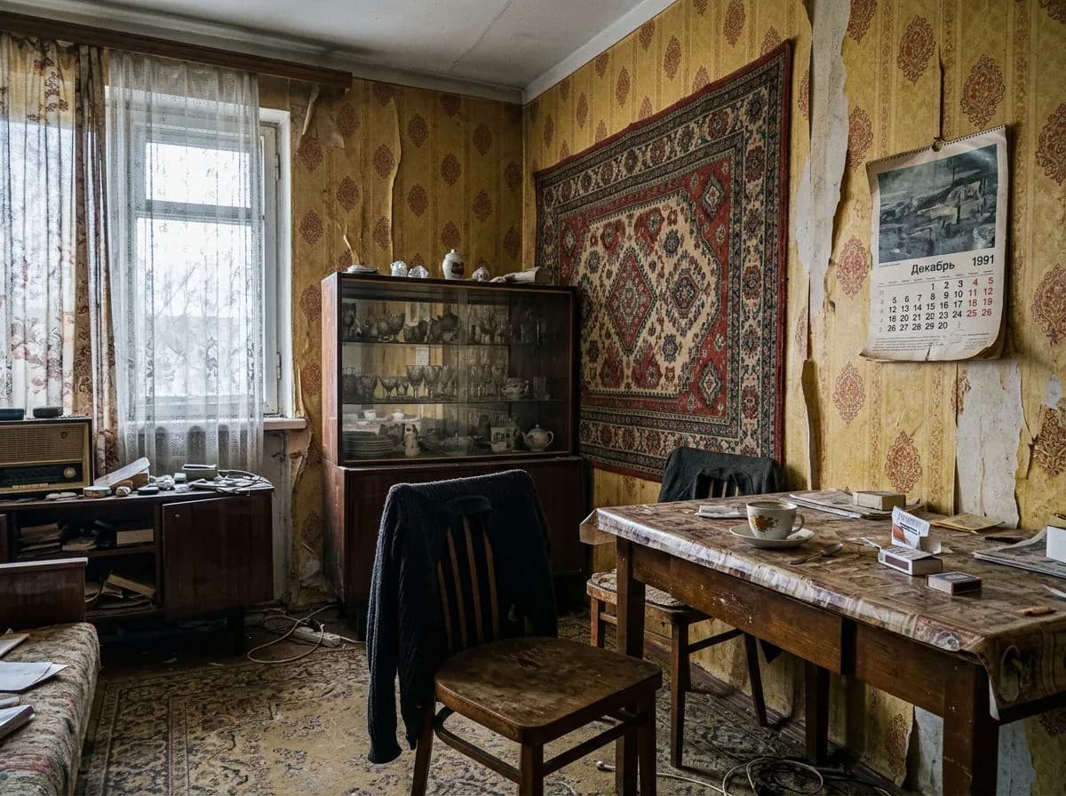 Soviet-era prefab apartment with patterned wallpaper, a wall rug and a chair pulled out from the table, generated with Nano Banana 2