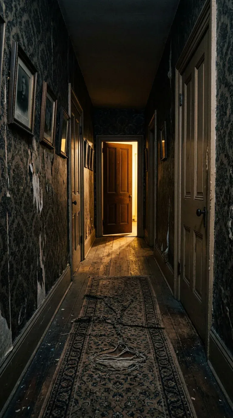 Long narrow upstairs hallway at night with warm light spilling from one open door at the far end, generated with Nano Banana 2