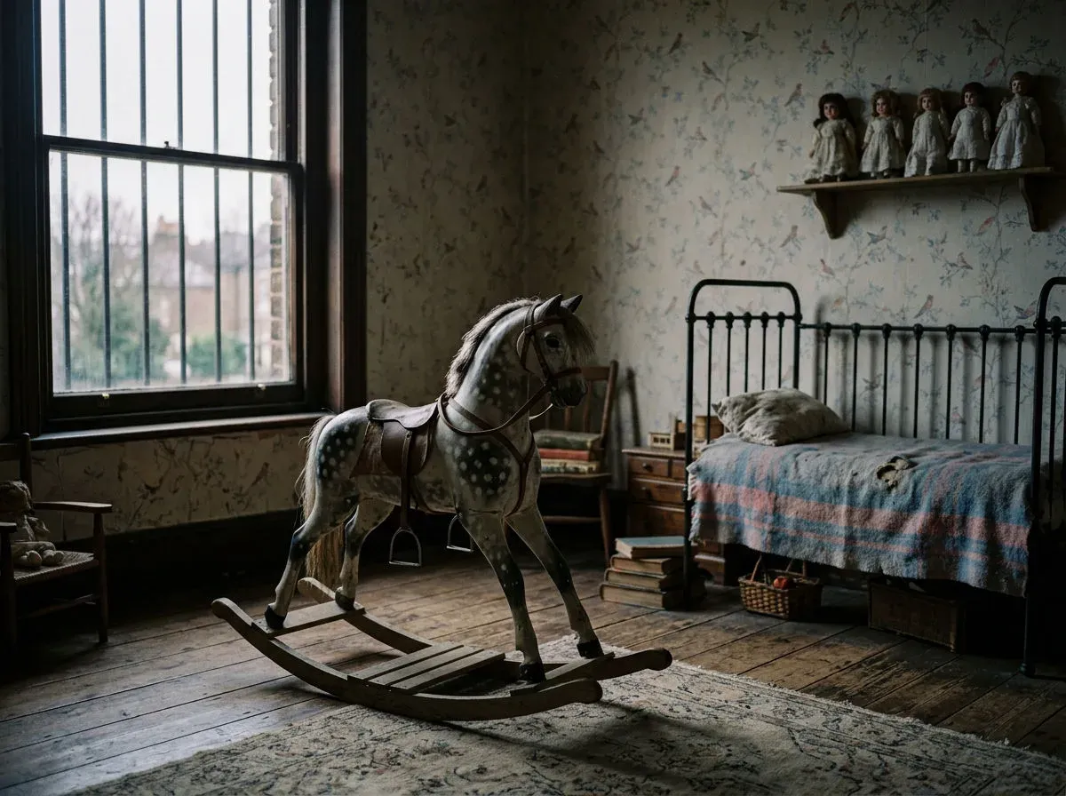 Victorian nursery at dawn with a dappled rocking horse in the middle of the floor and dolls facing the wall, generated with Nano Banana 2