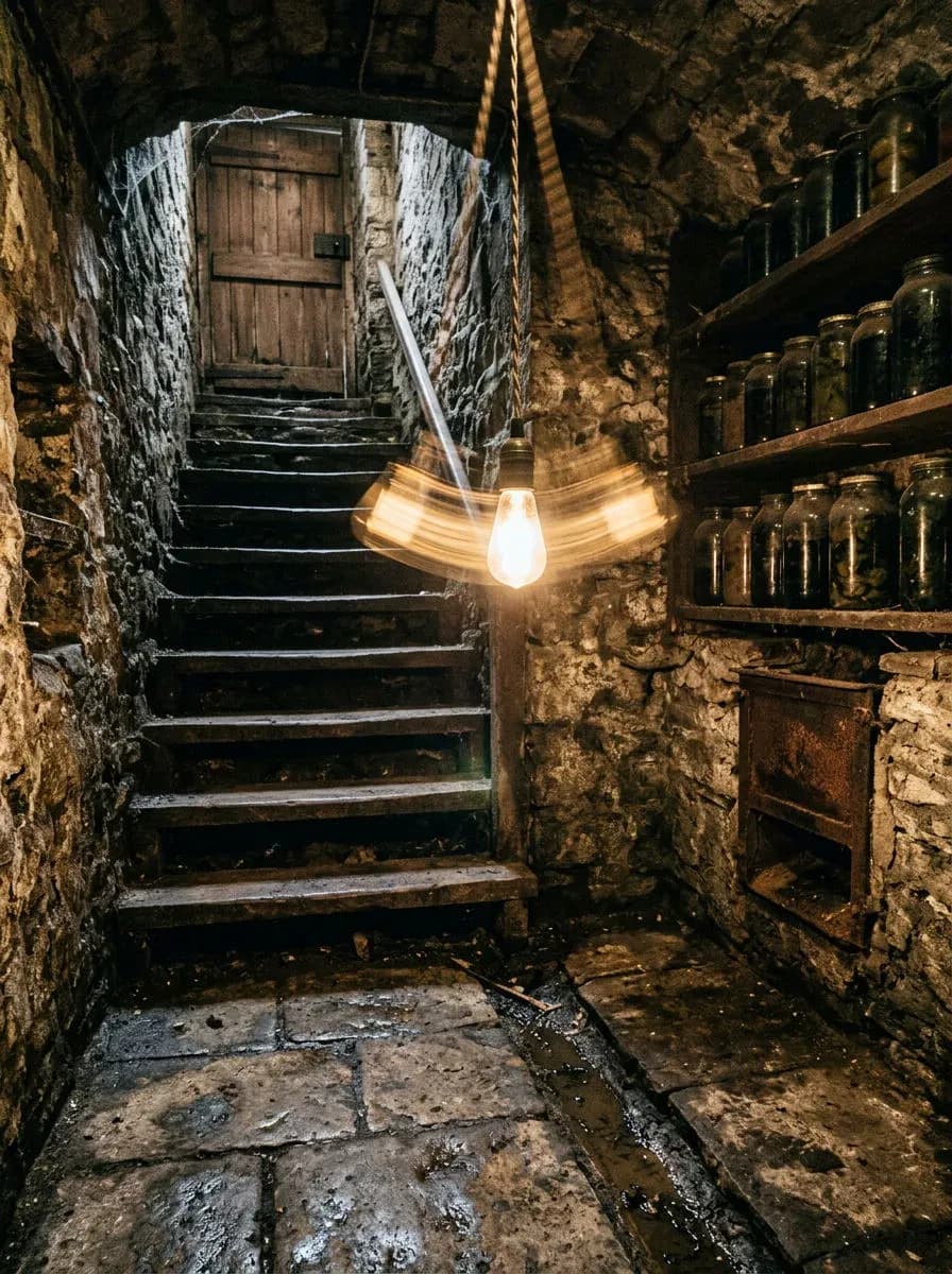 Stone cellar lit by one swinging bare bulb over shelves of cloudy preserve jars, generated with Nano Banana 2
