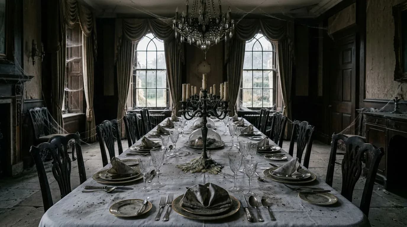 Formal dining room with twelve untouched place settings, burned-down candles and cobwebs, generated with Nano Banana 2