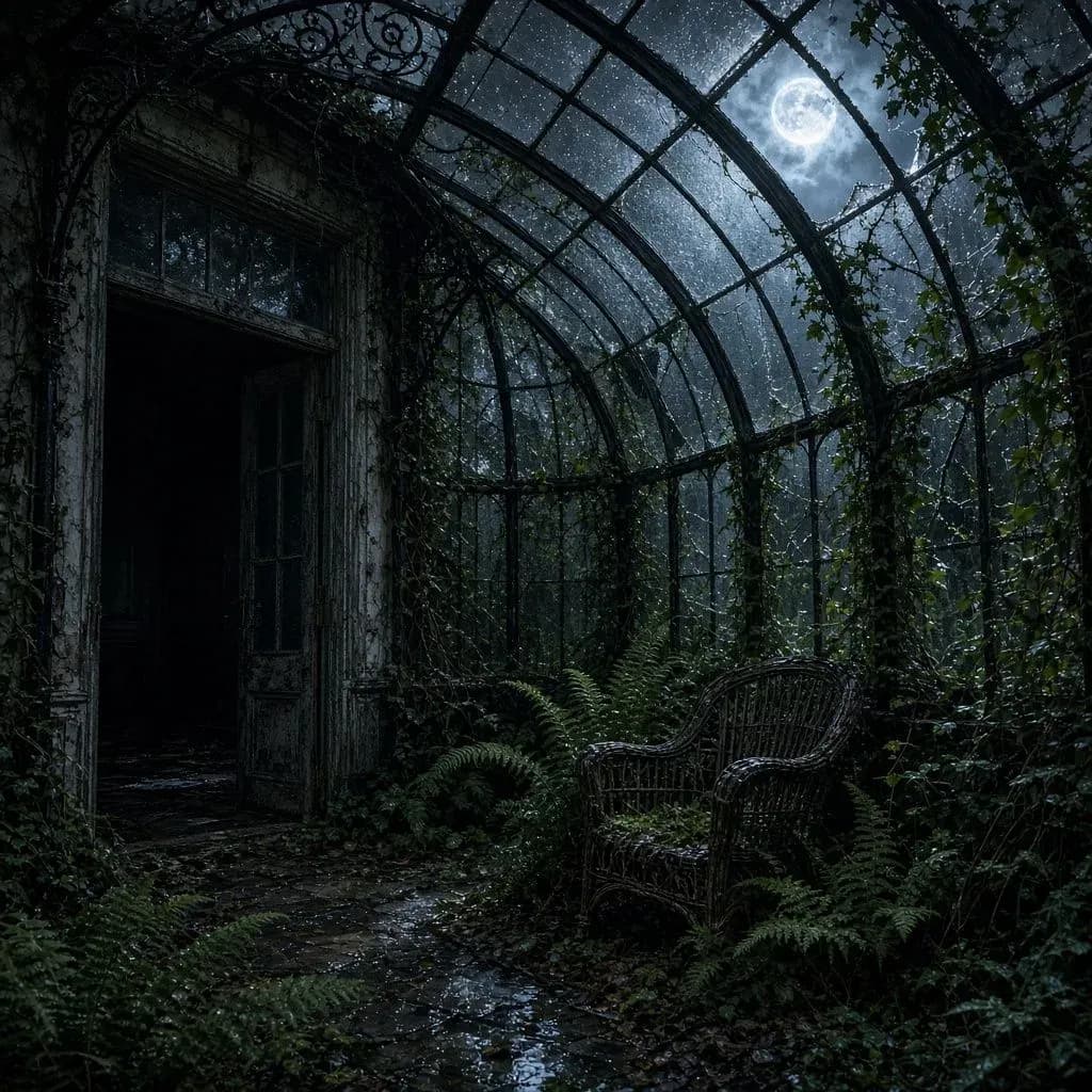 Victorian iron and glass conservatory overgrown with vines and ferns under moonlight, generated with Grok Imagine Image 2.0