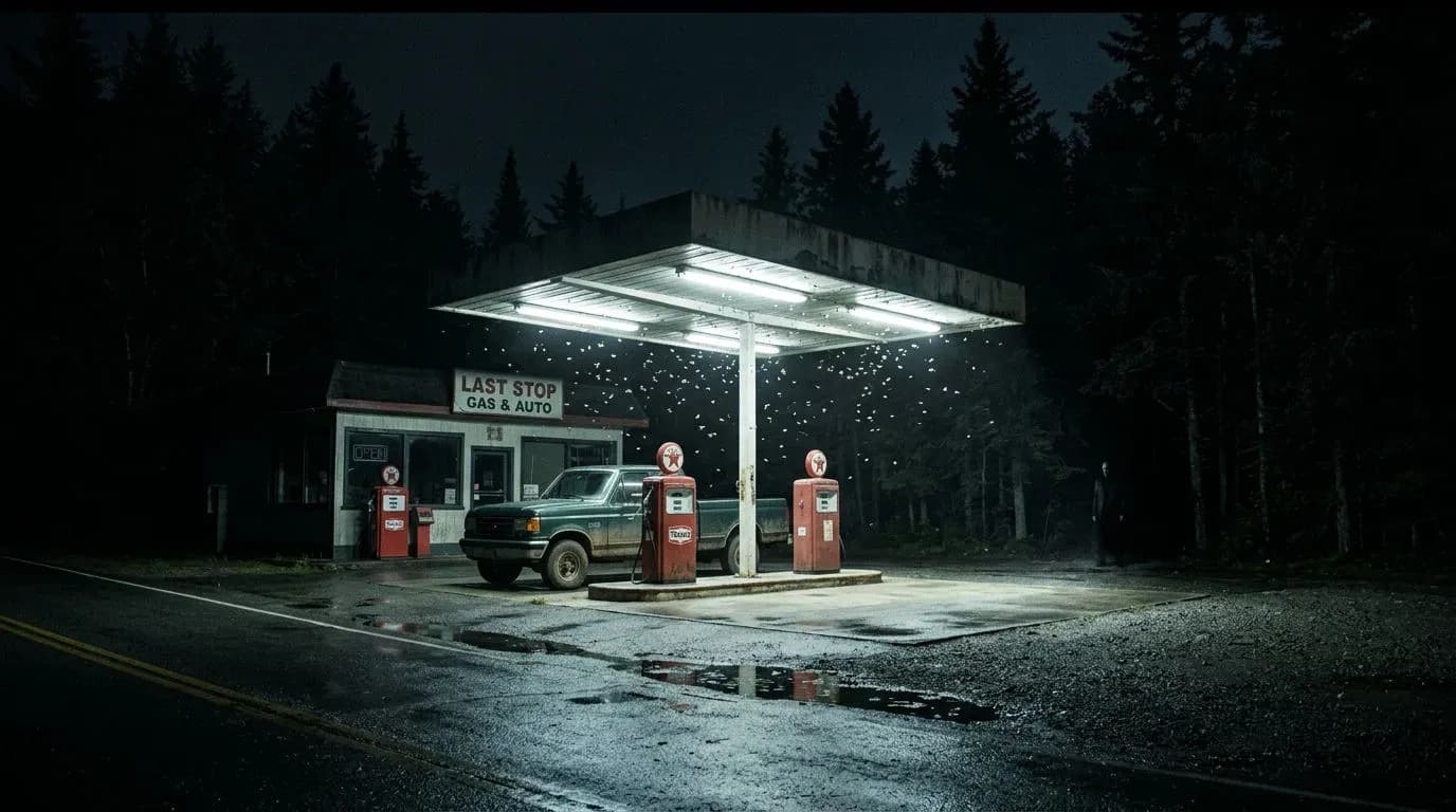 Horror establishing shot of a lone gas station at night with a figure standing just beyond the light at the tree line, generated with Nano Banana 2