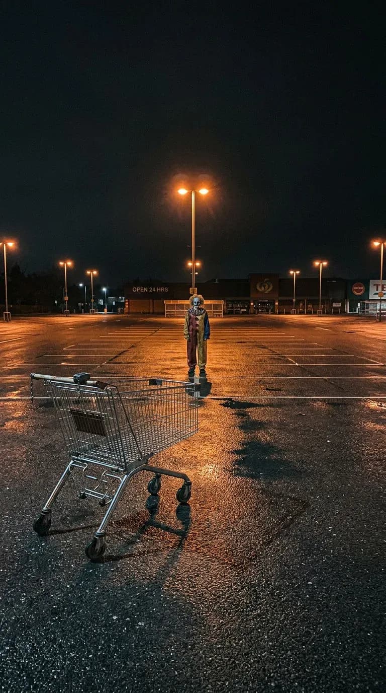 Vertical night photo of an empty supermarket car park with a distant clown figure standing under the last light, generated with Nano Banana 2