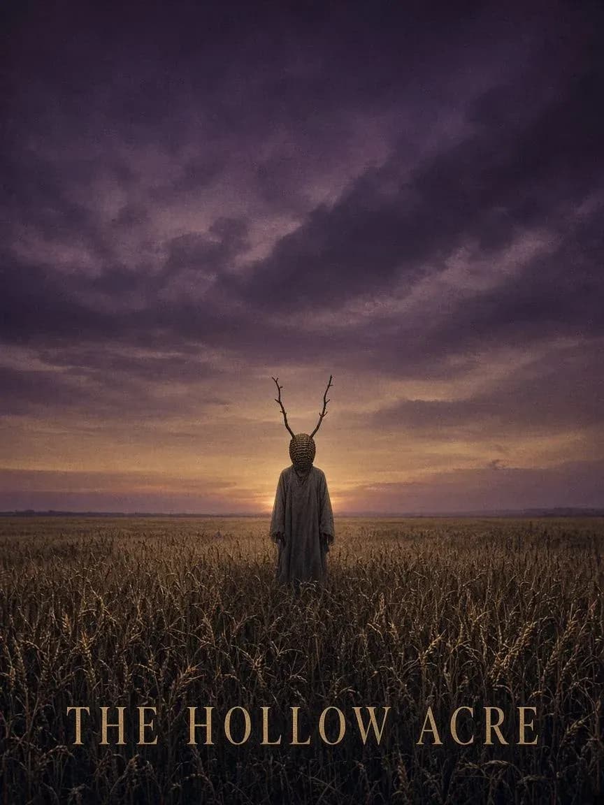 Folk horror movie poster with an invented title showing a straw figure standing alone in a wheat field at dusk, generated with Grok Imagine Image 2