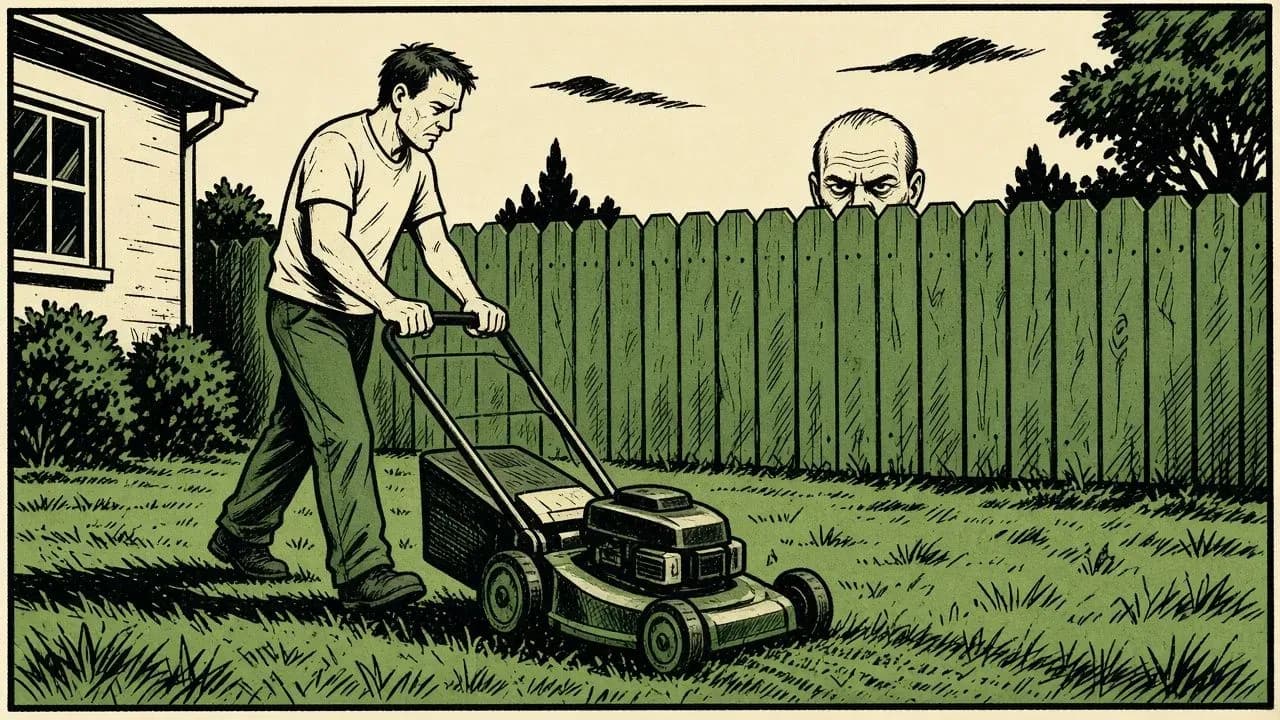 Ink comic panel of a neighbour staring over a garden fence at a man mowing his lawn, generated with Grok Imagine Image 2