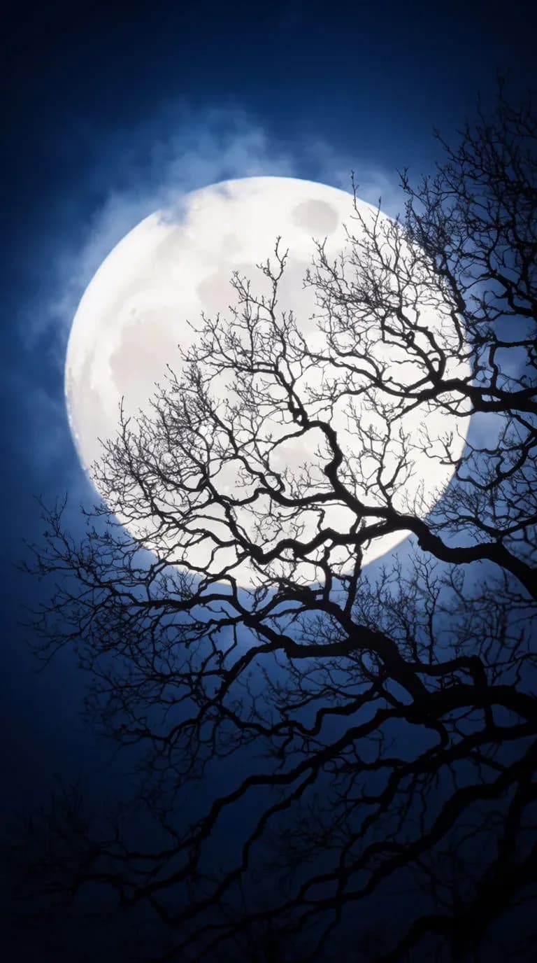 Full moon behind a tangle of bare black branches against a deep blue night sky, generated with Krea 2 Large