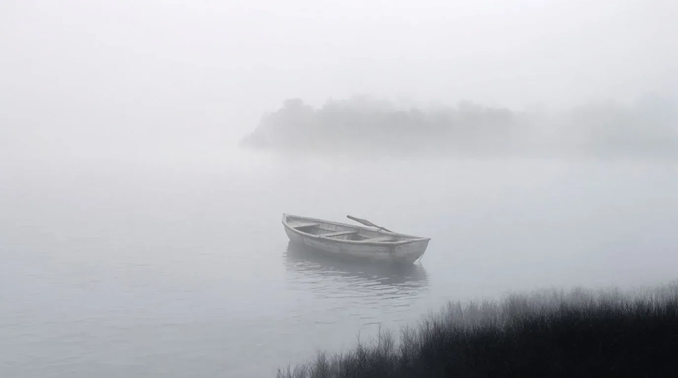 An empty wooden rowboat on a still lake in thick white mist, the far shore lost, generated with Krea 2 Large