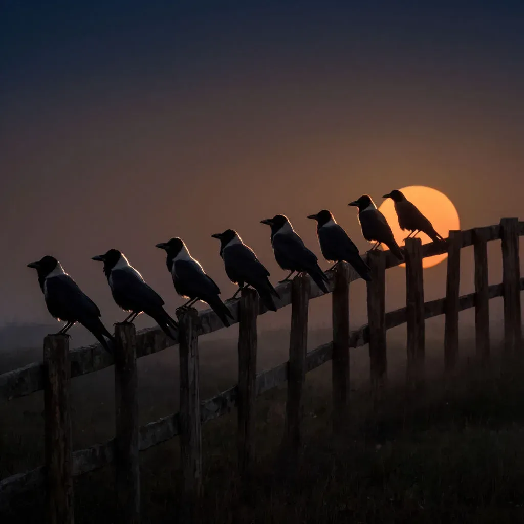 Row of crows perched on a wooden fence, silhouetted against a low rising moon, generated with Krea 2 Large