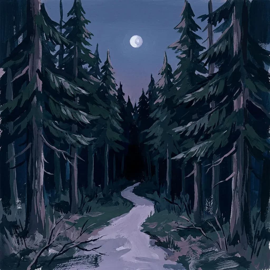 Gouache painting of a dark pine forest with a pale moon and a narrow path disappearing between trees, generated with Nano Banana 2
