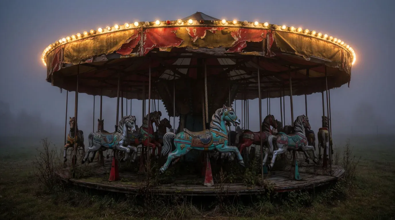 Abandoned fairground carousel in fog at dusk, only one string of bulbs still lit, generated with Krea 2 Large