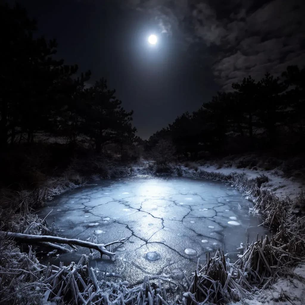A frozen pond at night under bright moonlight, cracks in the ice and frosted reeds around the edge, generated with Krea 2 Large
