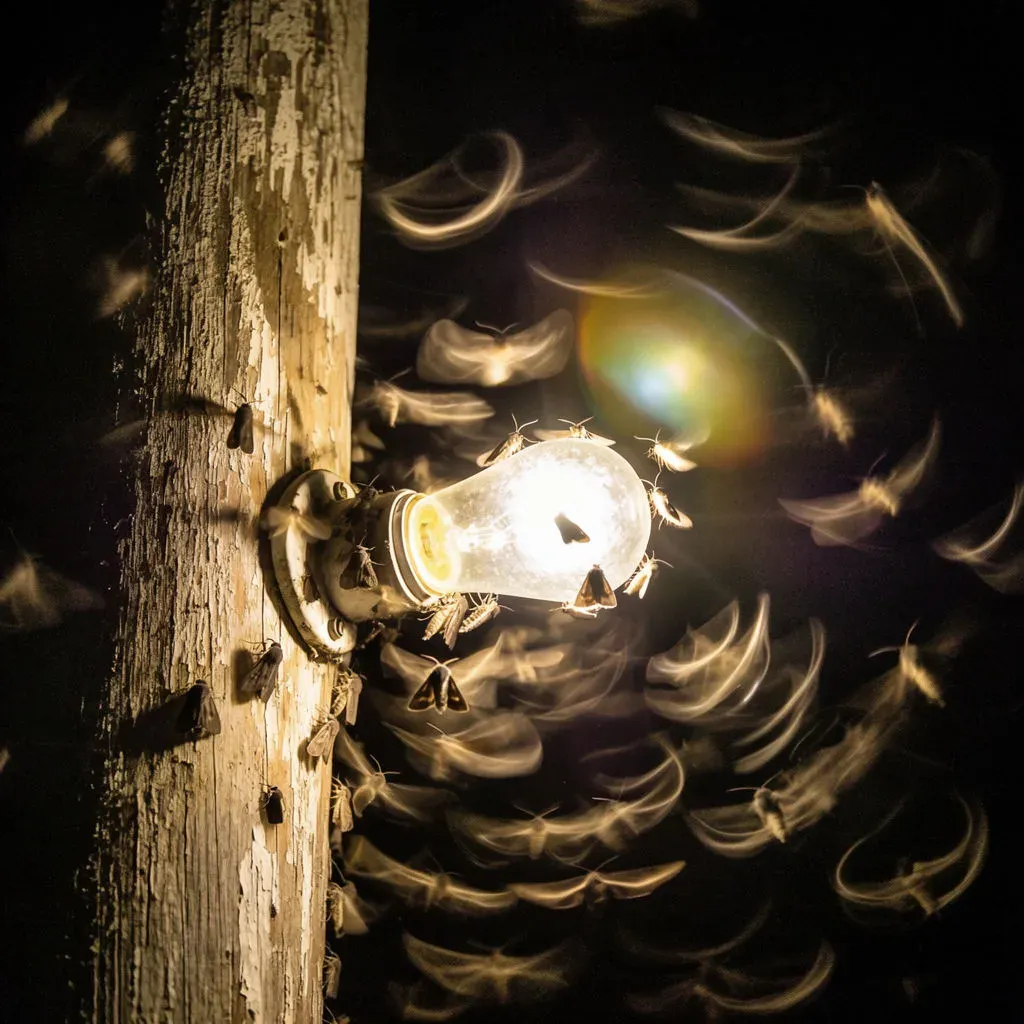 Moths circling a bare porch lamp at night, their flight paths drawn as soft blurred streaks, generated with Krea 2 Large