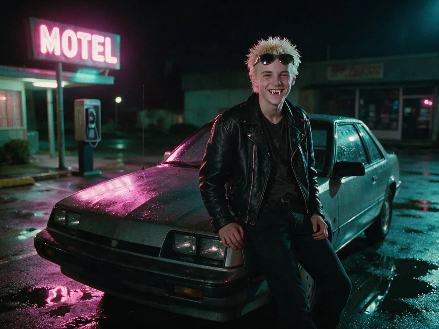 1980s film still of a vampire teenager leaning on a coupe in a rain-wet motel parking lot under a magenta sign, generated with Seedream 5.0 Pro