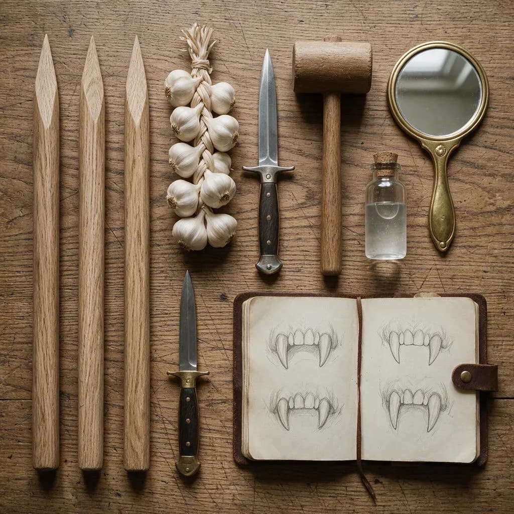 Top-down flat-lay of a vampire hunter's kit: wooden stakes, garlic, a silver dagger, a mallet and a leather journal, generated with Seedream 5.0 Pro