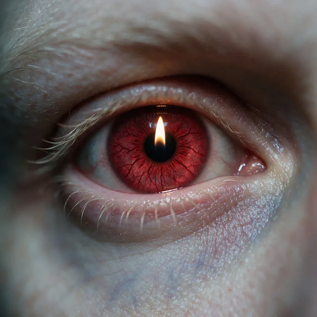 Macro close-up of a vampire's crimson eye with a candle flame reflected in the catchlight, generated with Seedream 5.0 Pro