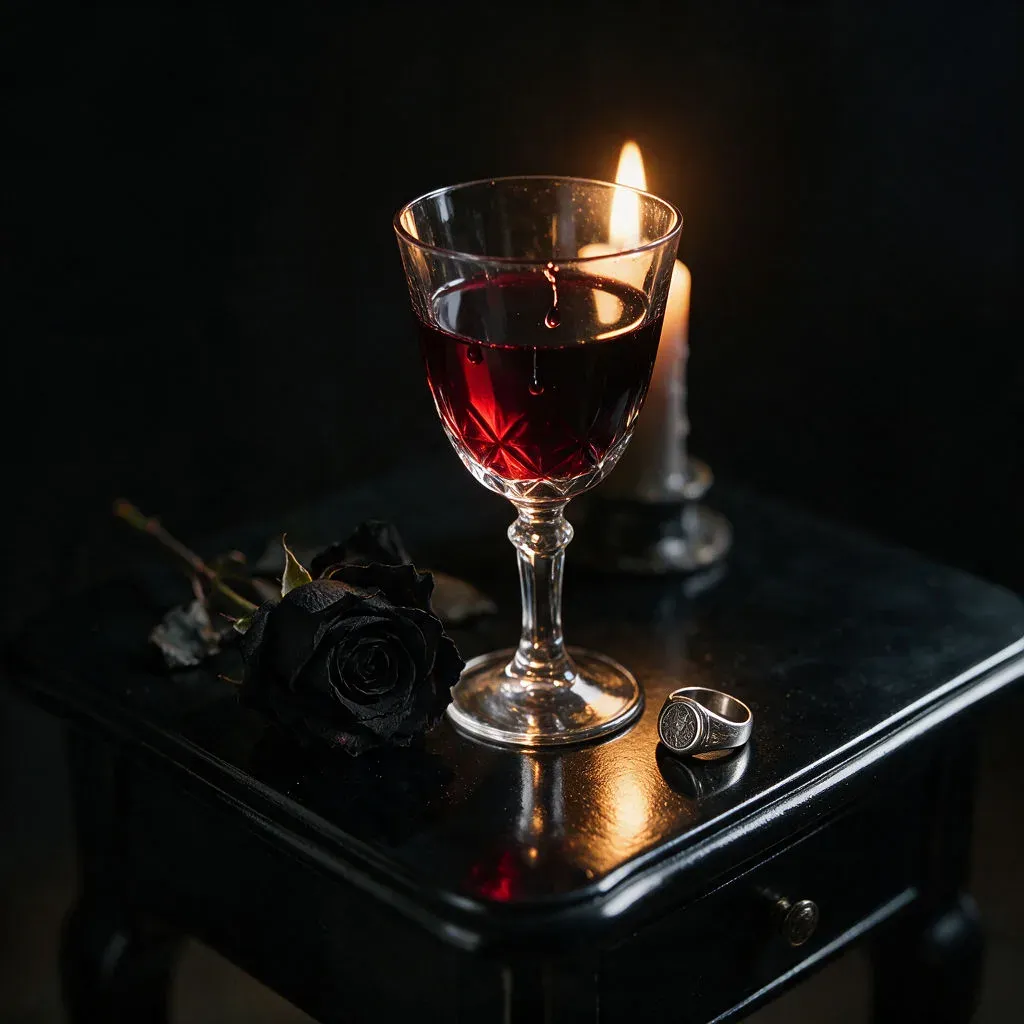 Dark still life of a crystal goblet of red wine glowing in candlelight beside a wilted black rose, generated with Seedream 5.0 Pro