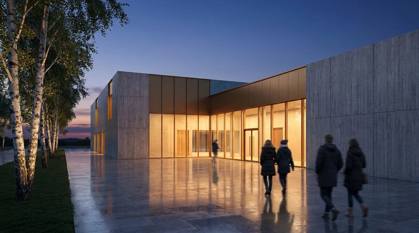 Dusk CGI visualisation of a low concrete arts building with interior lighting balanced against a deep blue sky, generated with Nano Banana Pro