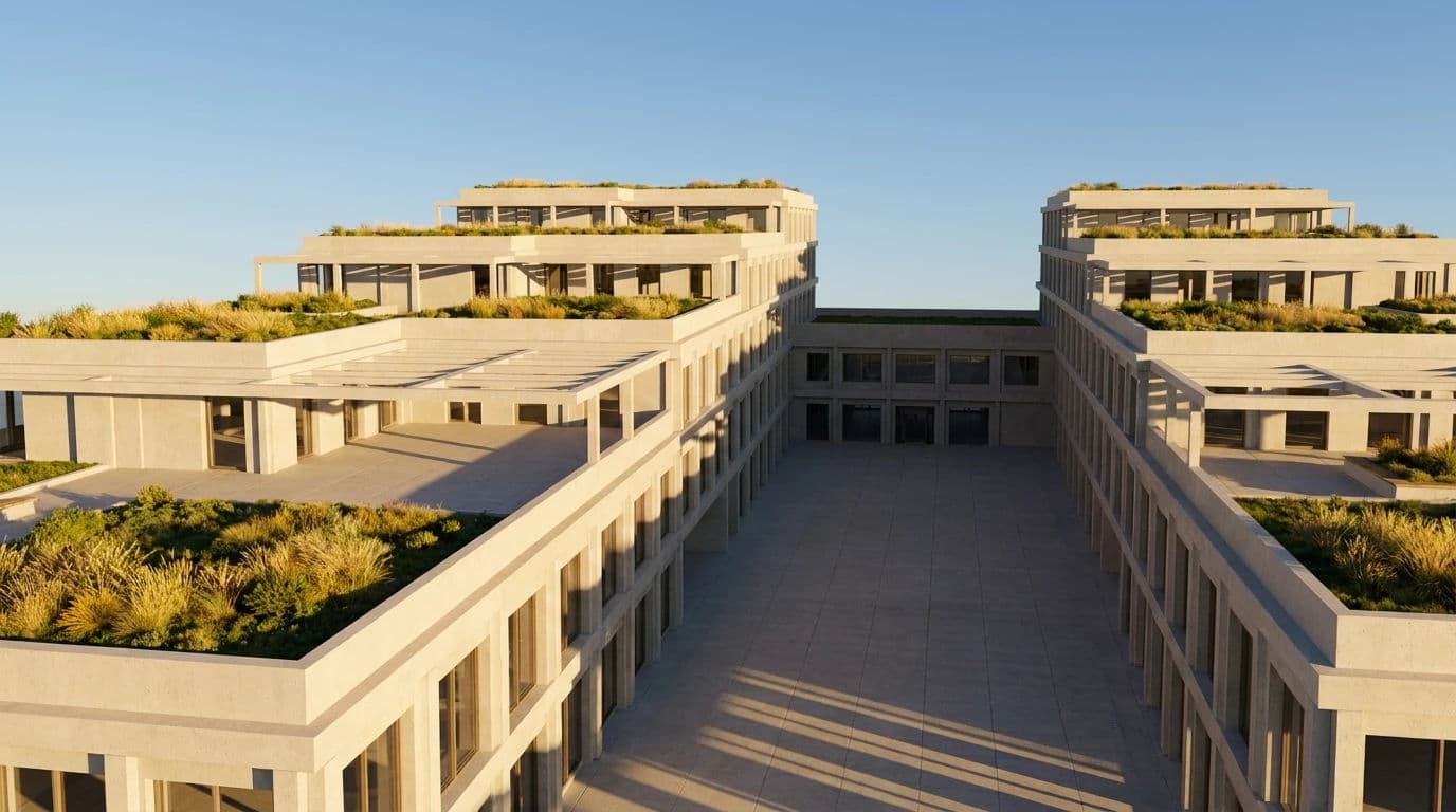 Three-quarter aerial CGI render of a campus building with low sun revealing the massing through shadow, generated with Nano Banana Pro