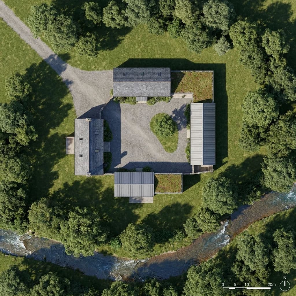 Orthographic top-down site render with long ray-traced shadows across the plot, generated with Nano Banana Pro