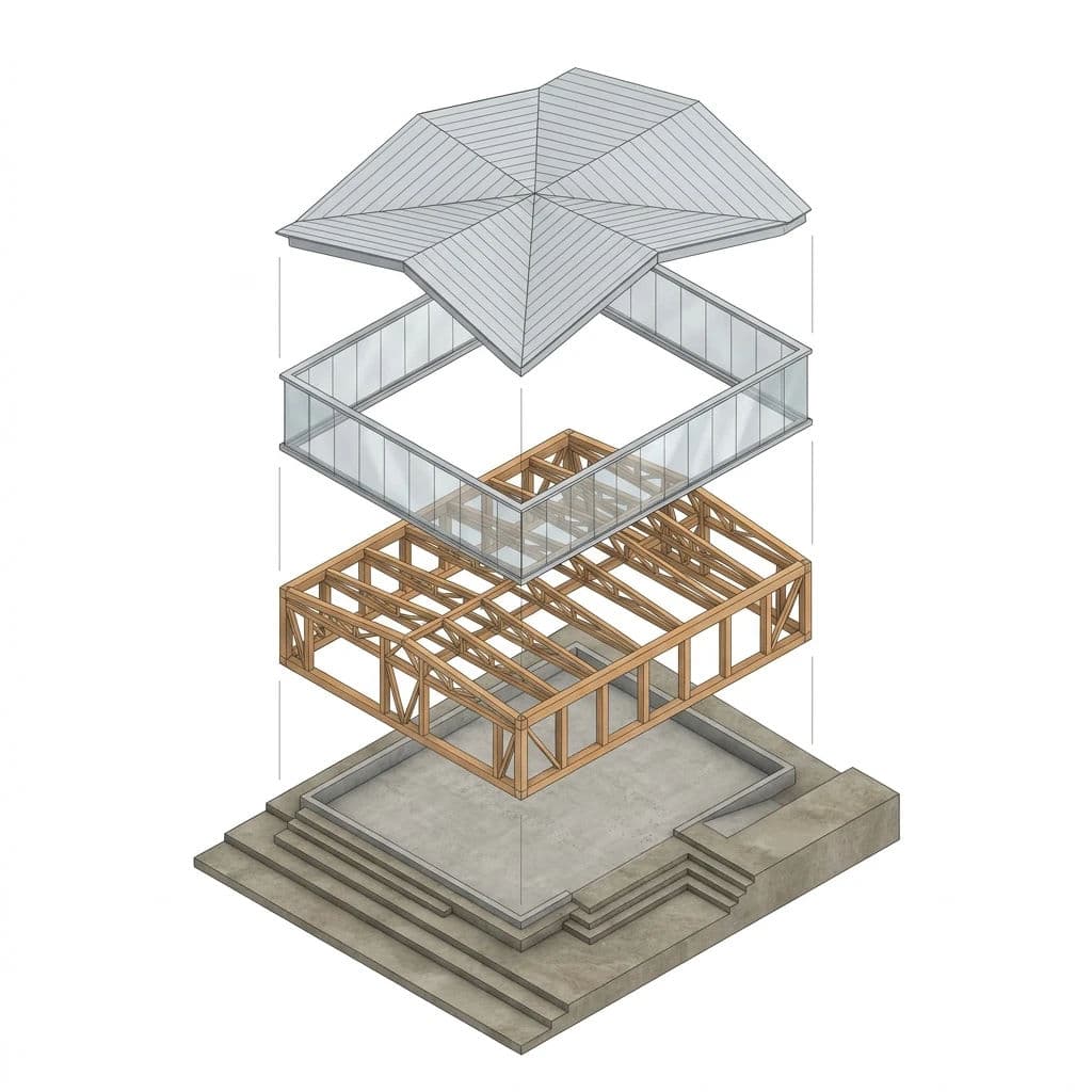 Exploded axonometric render with structure, envelope and roof separated vertically, generated with Nano Banana Pro