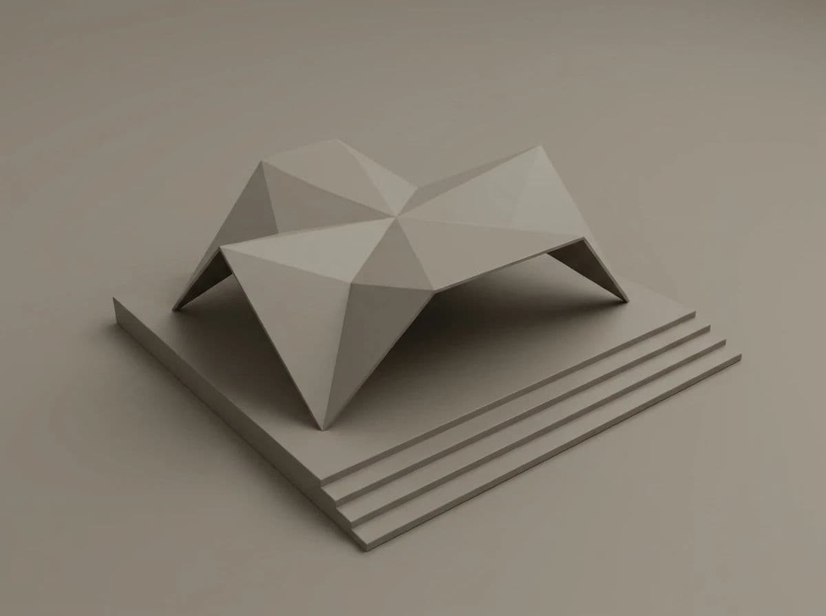 Clay render of a pavilion with a folded plate roof in a single uniform material, generated with Nano Banana Pro