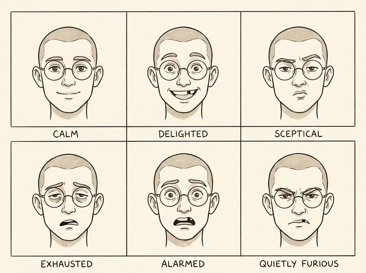 Expression sheet of six head drawings in a grid with named emotions, generated with Nano Banana Pro