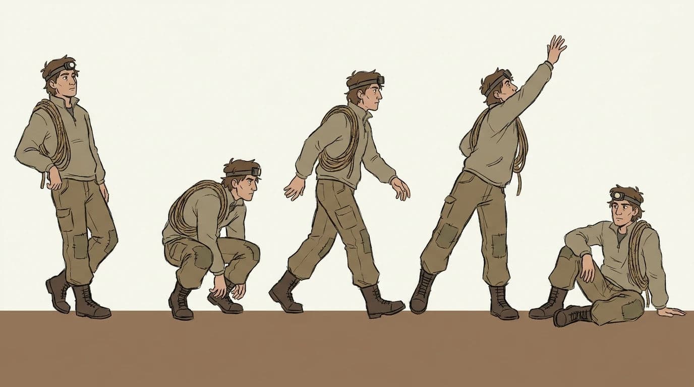 Pose sheet with five full-body action poses of one character, generated with Nano Banana Pro