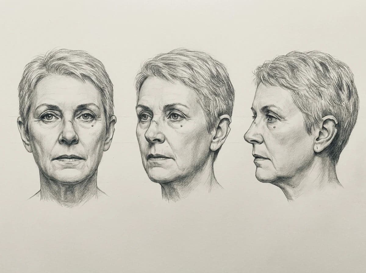 Head study showing one face from three angles with consistent features, generated with Nano Banana Pro