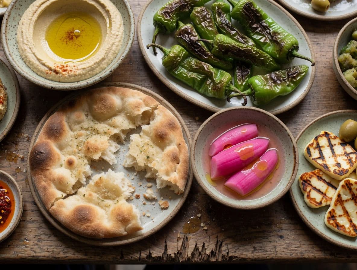 Overhead mezze spread filling the frame edge to edge with no empty table, generated with Krea 2 Medium