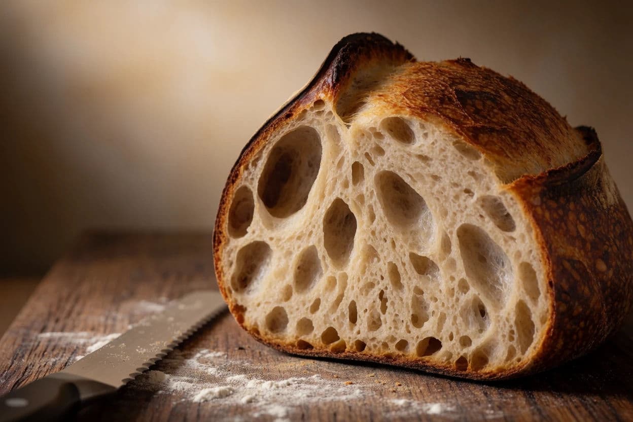 Sourdough loaf cut open showing an irregular open crumb structure, generated with Krea 2 Medium