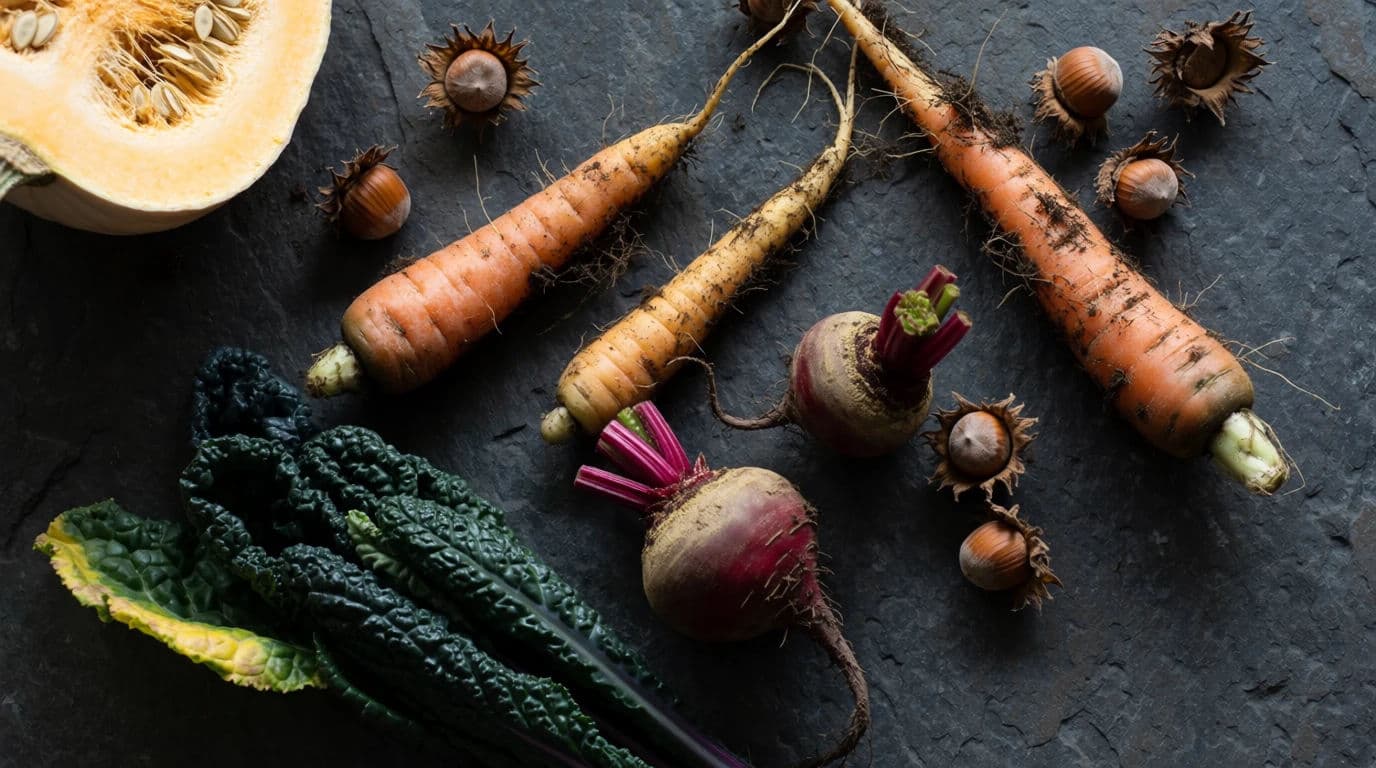 Autumn ingredients laid out on dark slate with soil still on the roots, generated with Krea 2 Medium