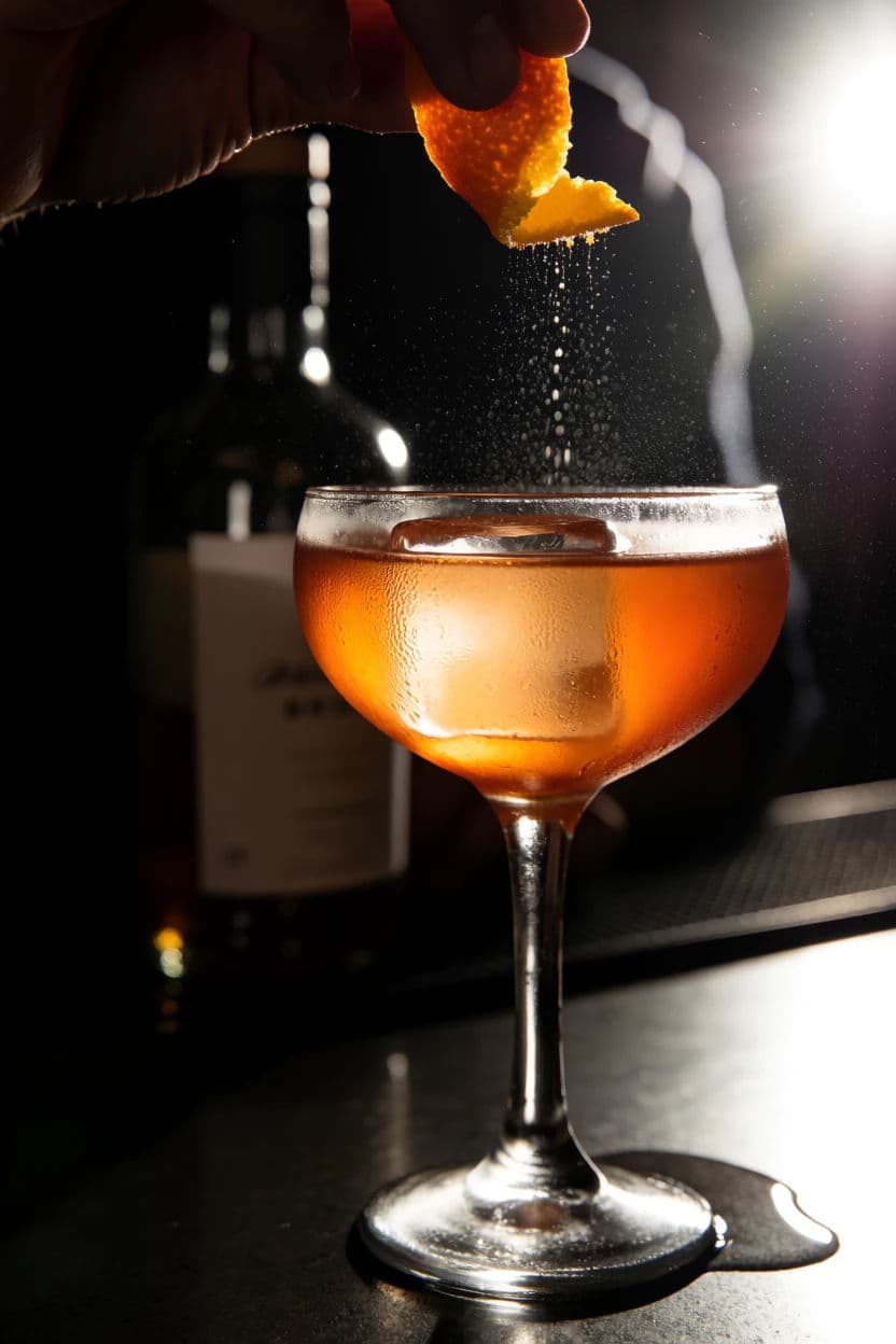 Cocktail with an expressed citrus oil spray caught over the glass, generated with Krea 2 Medium