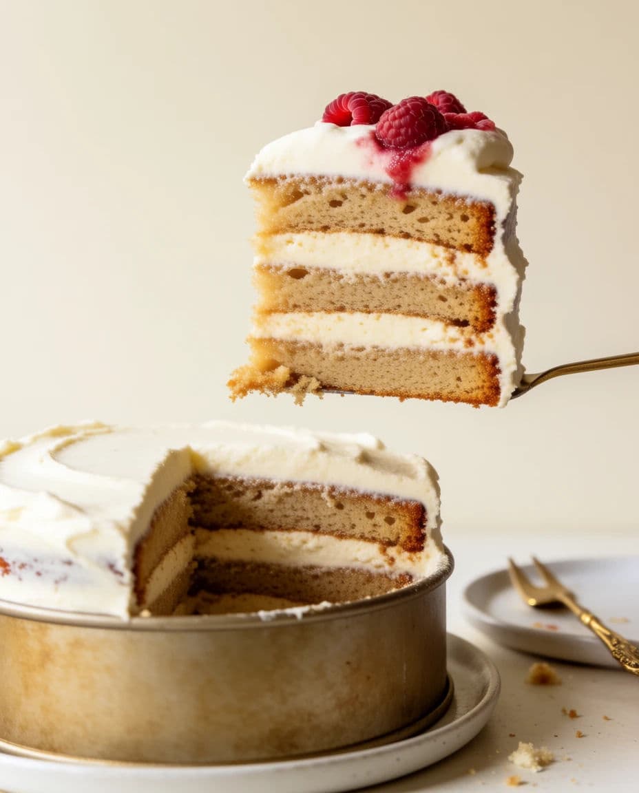 Slice of layered cake being lifted out with crumbs falling from it, generated with Krea 2 Medium