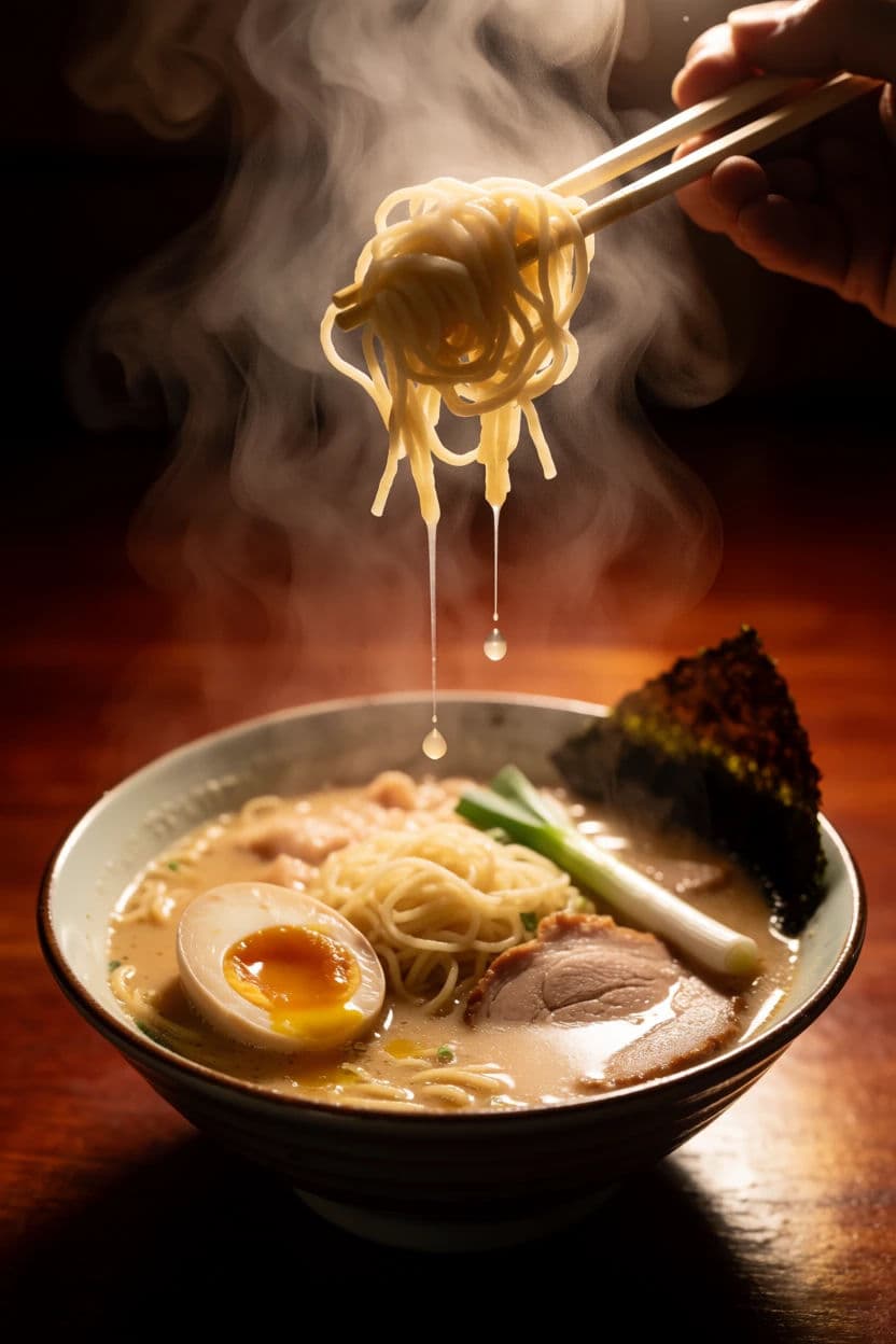 Noodles lifted high on chopsticks with broth dripping back into the bowl, generated with Krea 2 Medium
