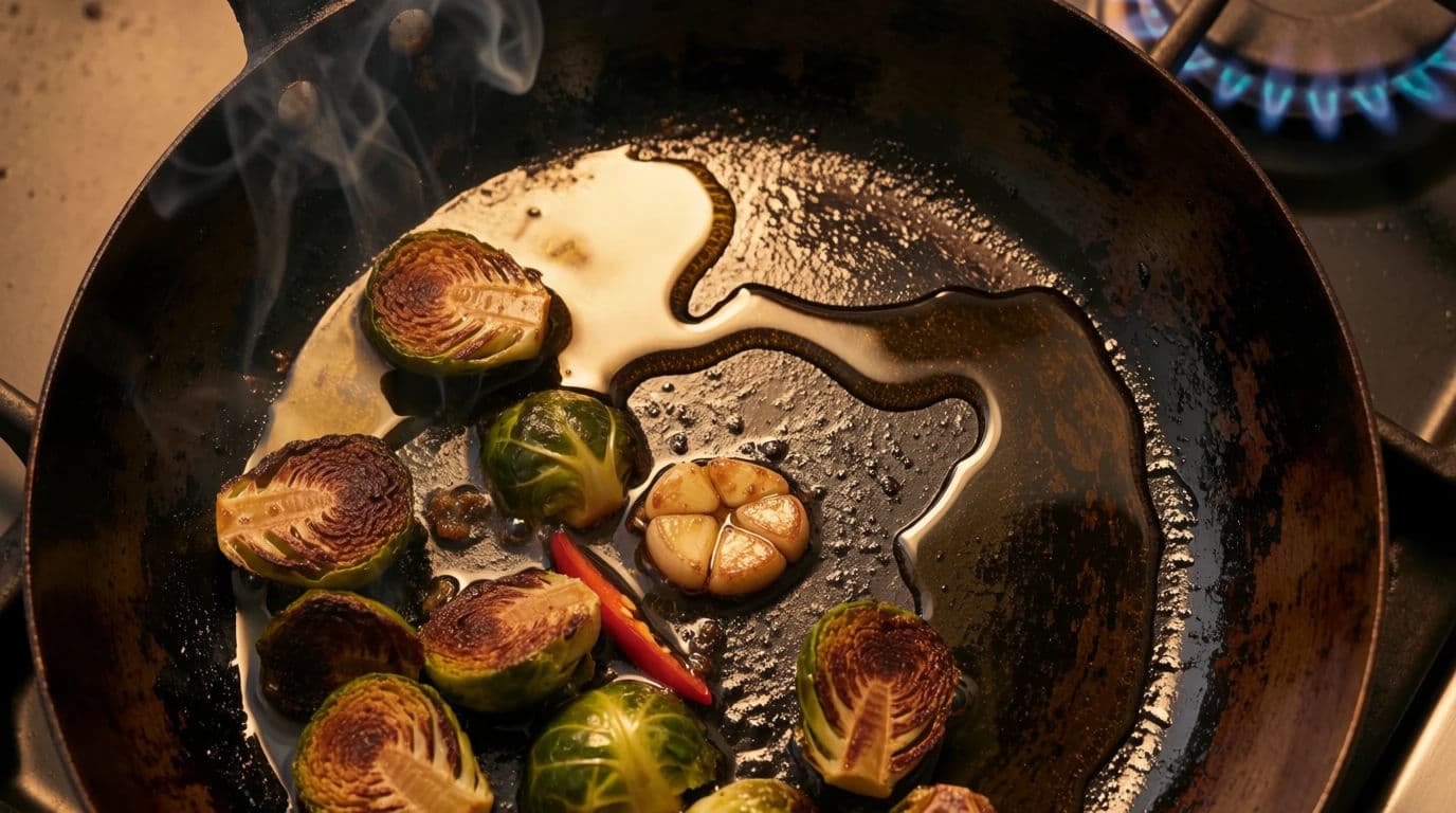 Vegetables searing in a hot pan with oil movement and rising smoke, generated with Krea 2 Medium
