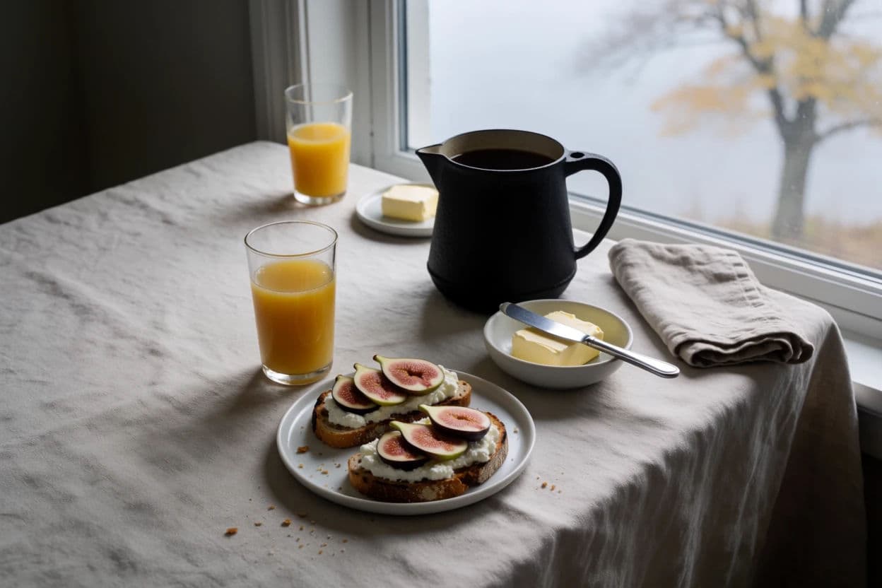 Bright brunch table beside a window with pale linen and high-key light, generated with Krea 2 Medium