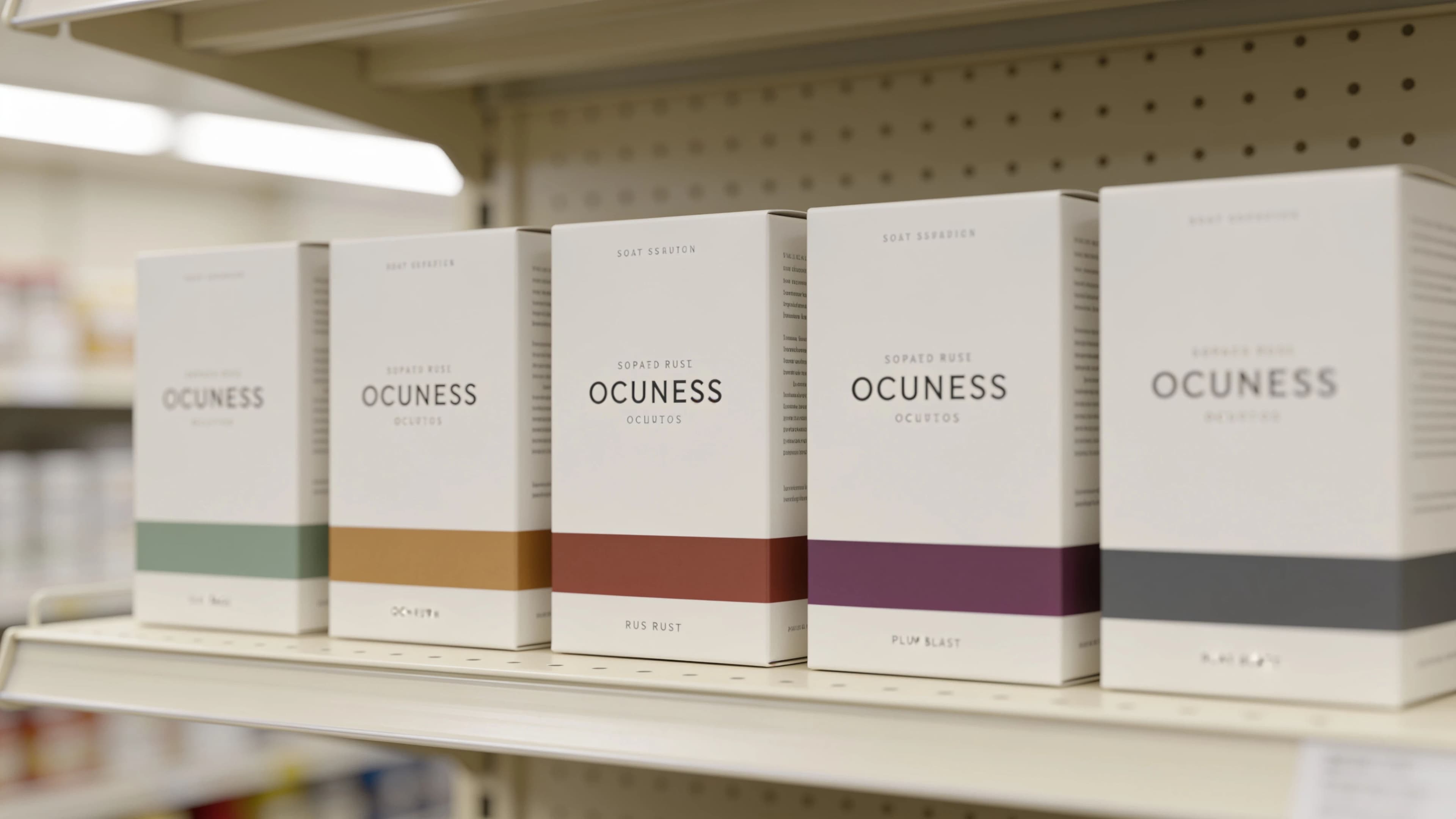 Five variants of one pack lined up on a shelf distinguished by a colour band, generated with Seedream 4.5