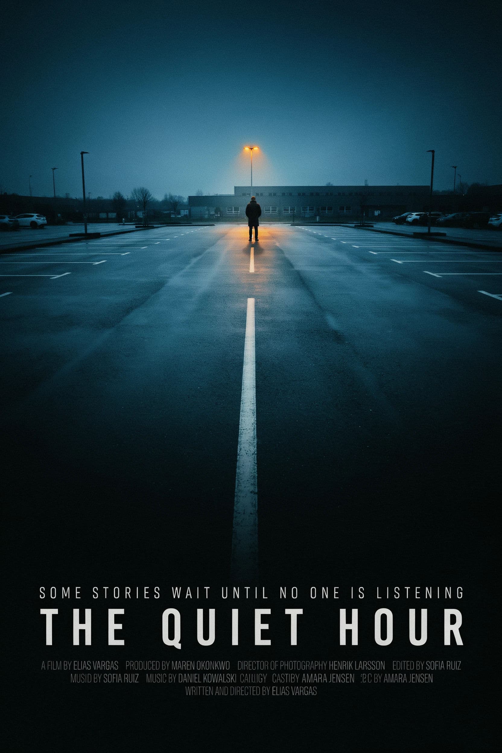 Film poster with photographic key art and a credit block rendered as fine grey texture, generated with Ideogram 4.0