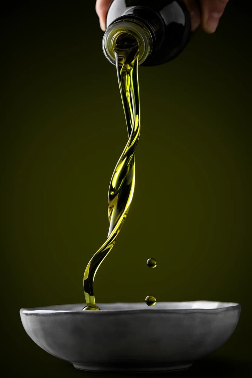 Olive oil pouring in an unbroken ribbon frozen mid-air into a shallow bowl, generated with Krea 2 Large