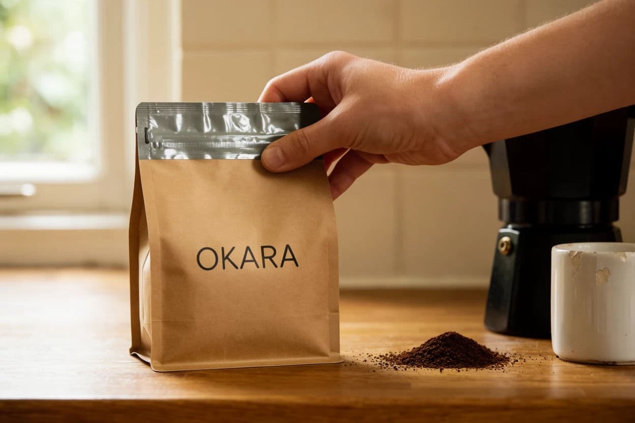Hand lifting a coffee bag from a kitchen counter in real morning light, generated with Krea 2 Large
