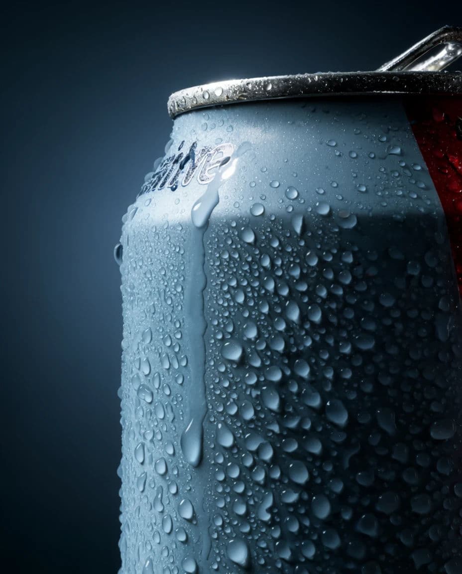 Cold drinks can with uneven condensation and one running droplet, generated with Krea 2 Large