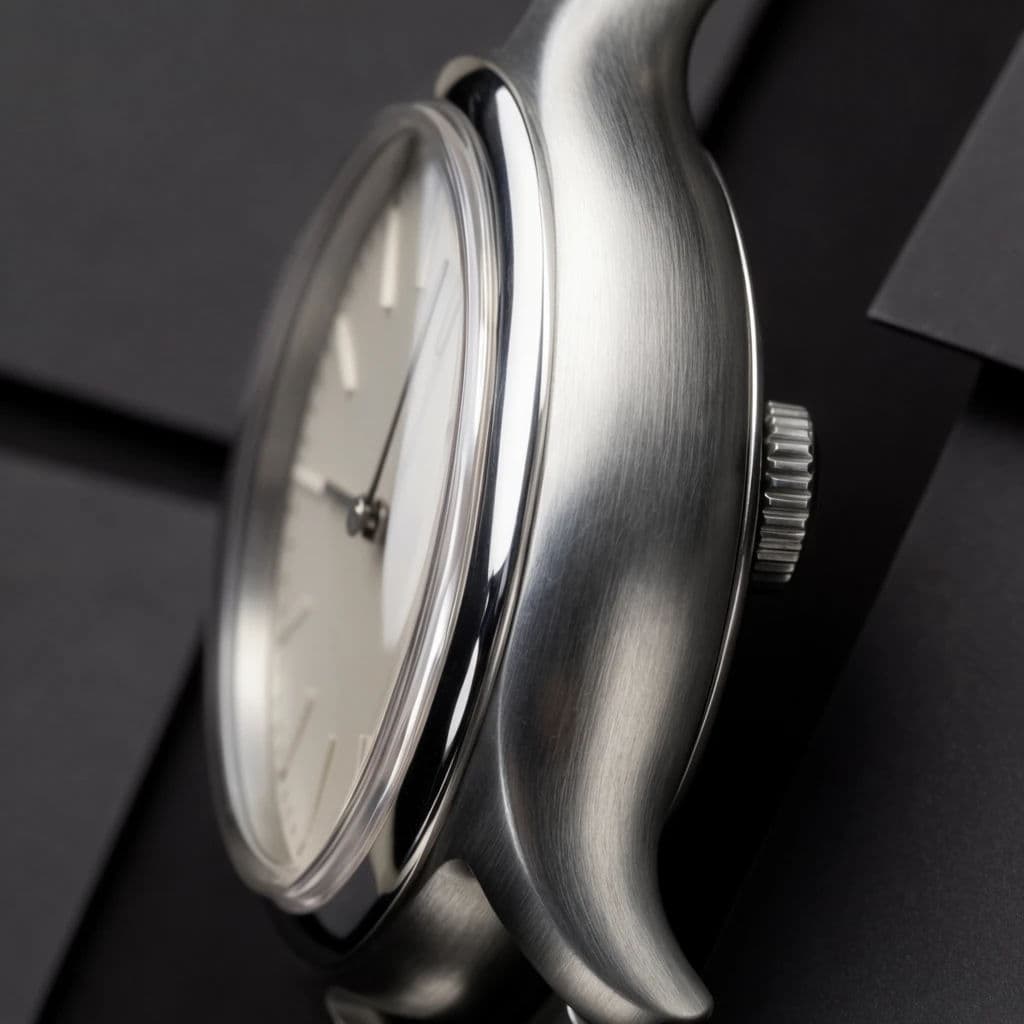 Brushed steel watch case with a controlled strip highlight and clean dial, generated with Krea 2 Large